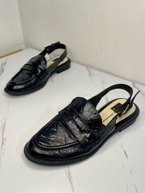 Dolce Vita Hardi Black Crinkle Patent Leather Slingback Loafers Size 6.5M